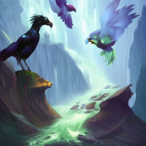 Waterfall and raven dragons
