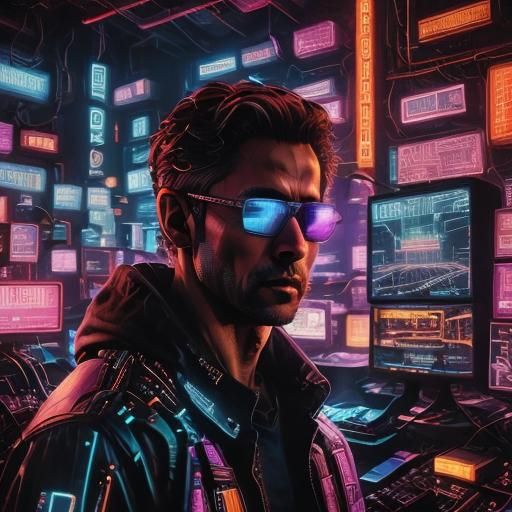 <lora:Macro v1:1.0> <lora:Murraypunk SD15:1.0> Portrait of a man inside an cyberpunk neon apartment, Interior of a New York penthouse. Maxim...