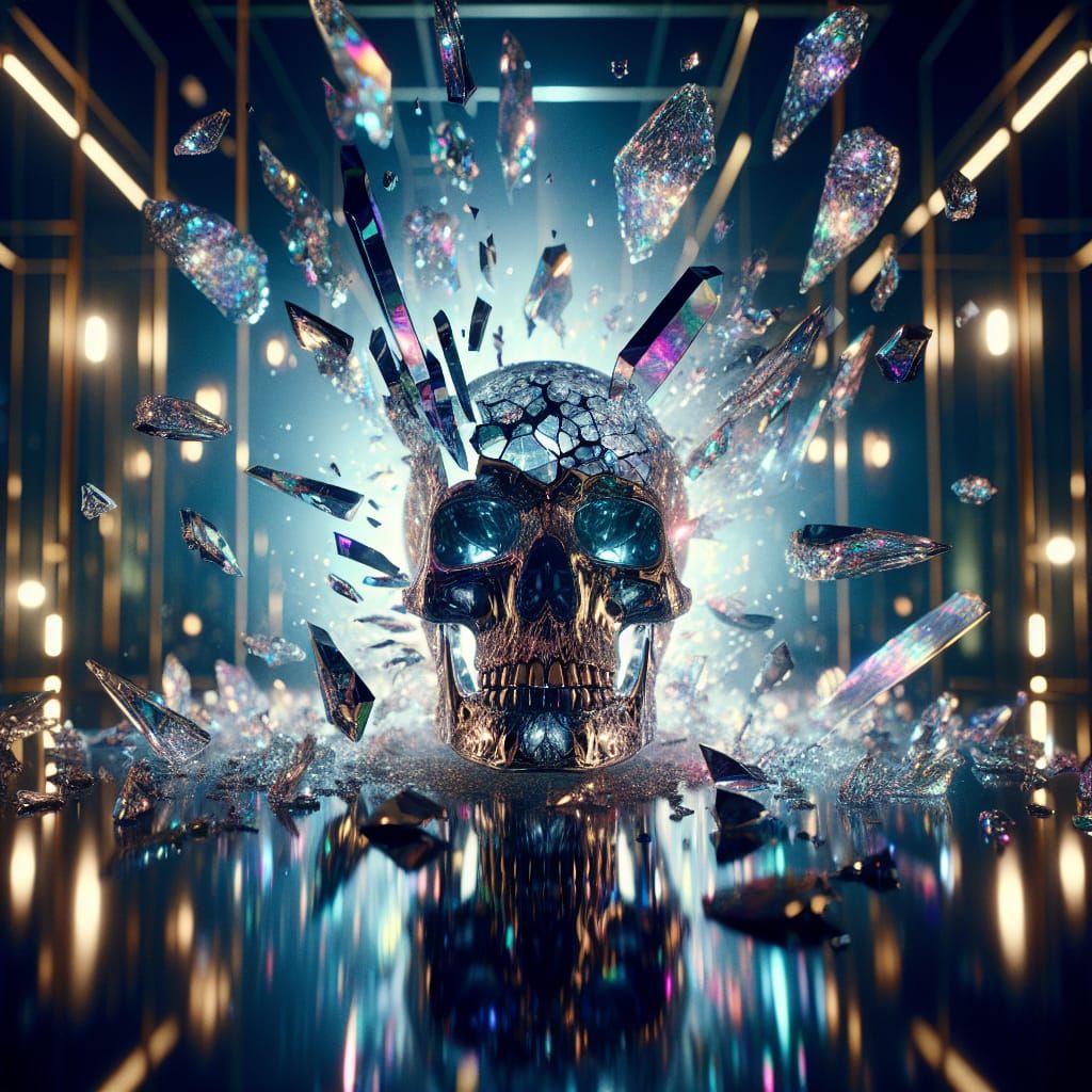 Movement shot of shattering crystal skull, iridescent color,...