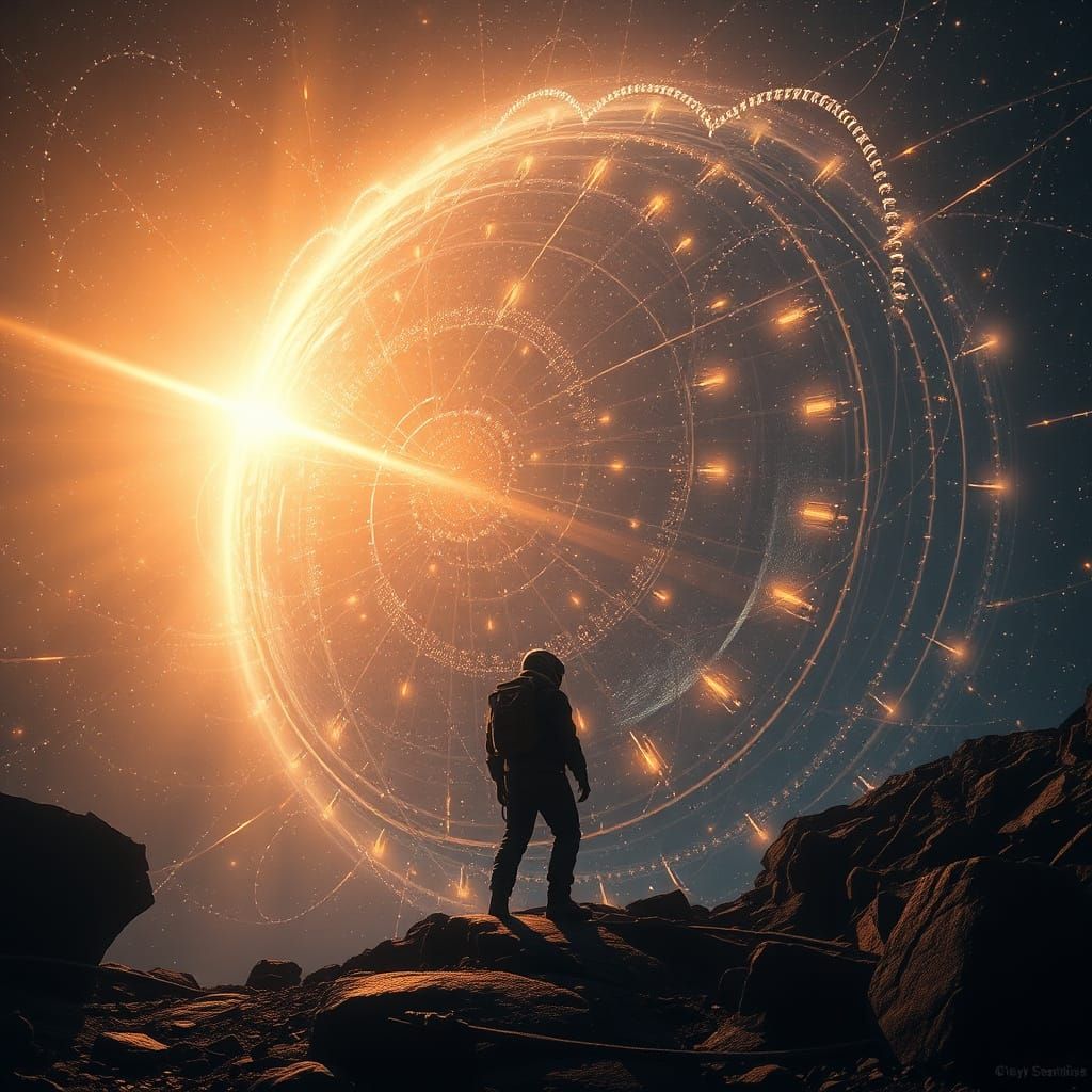 A deep-space explorer interacting with the dormant energy of an abandoned Dyson sphere, surrounded by glowing exoatmospheric spherules. The ...