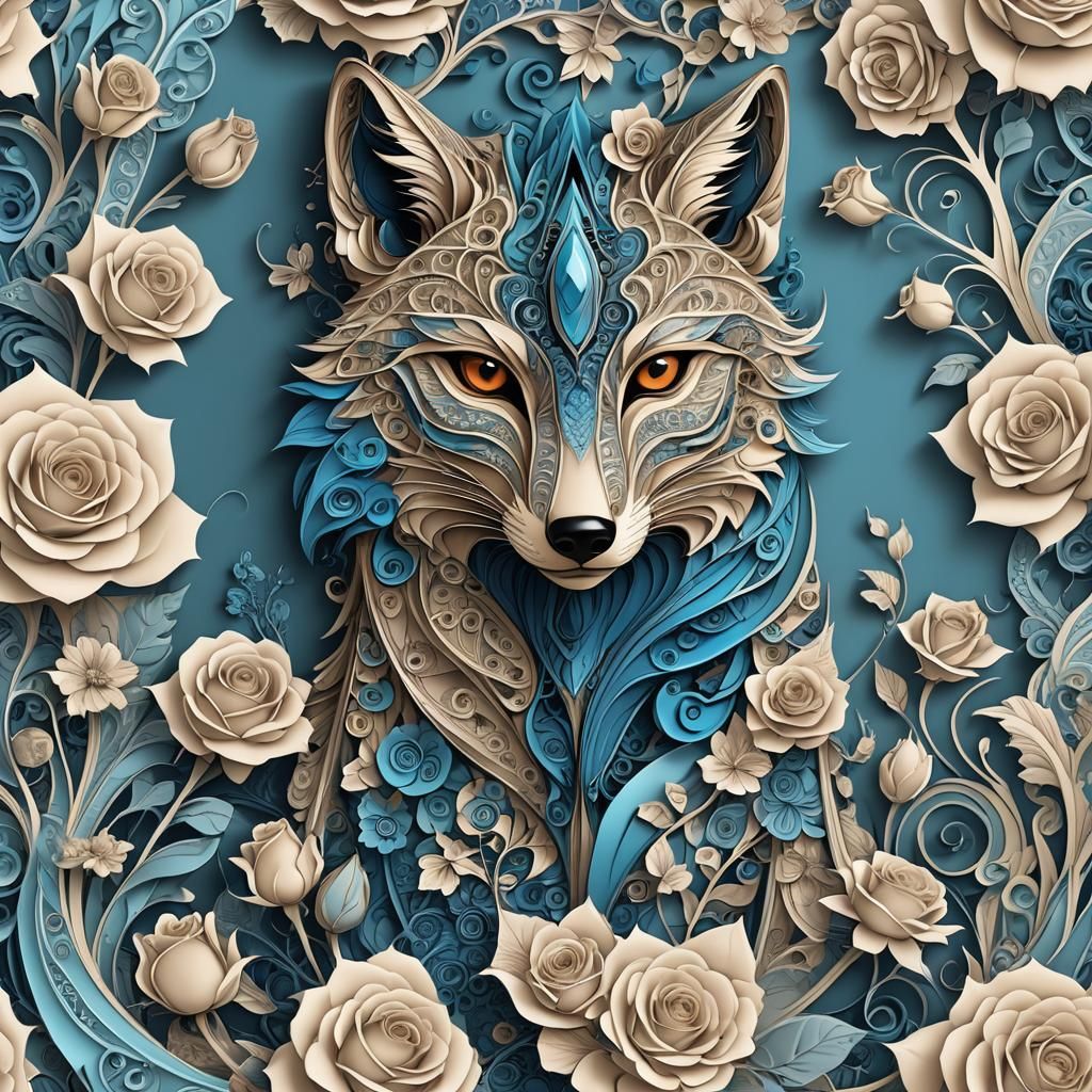 Roses, fox, queen, sword, blue