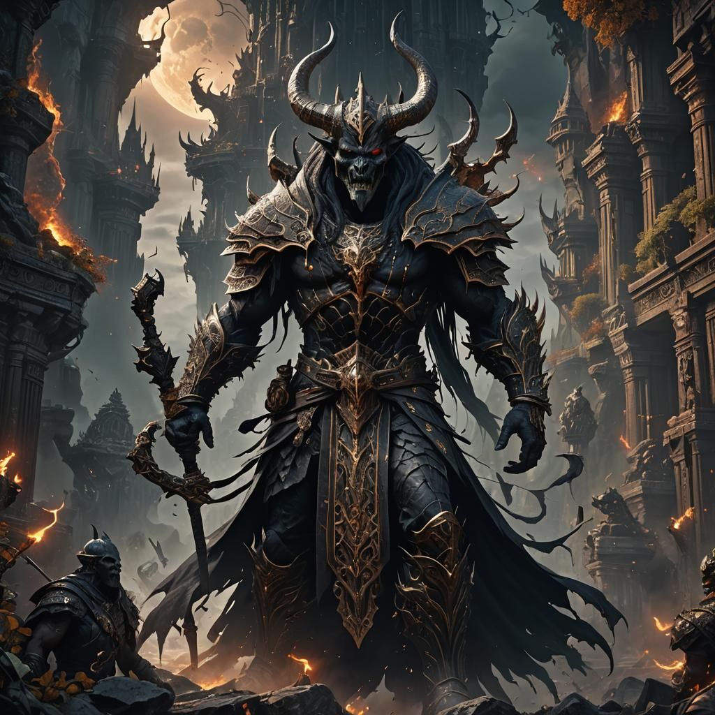 "Portray the god of darkness as formidable and cunning. So f...