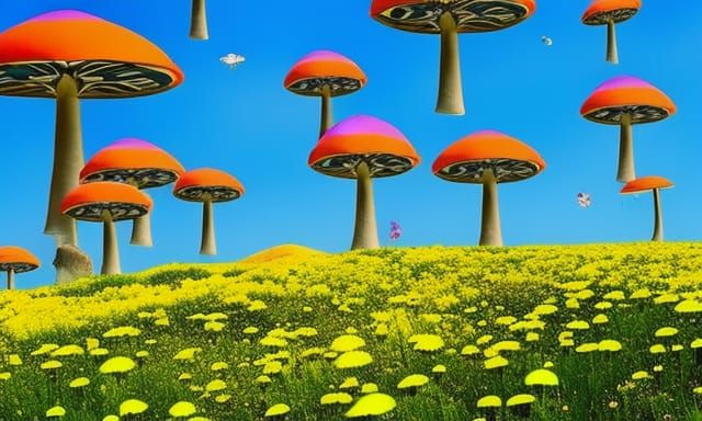 colorful psychedelic mushroms and fireflies in the sky