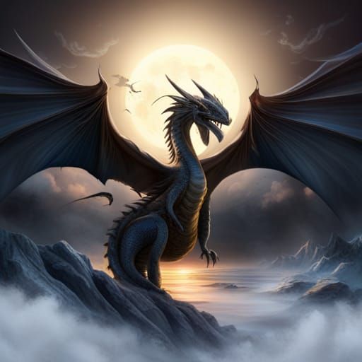 Detailed Dark Mysterious Mythical Dragon Rising With Wide Wings And 