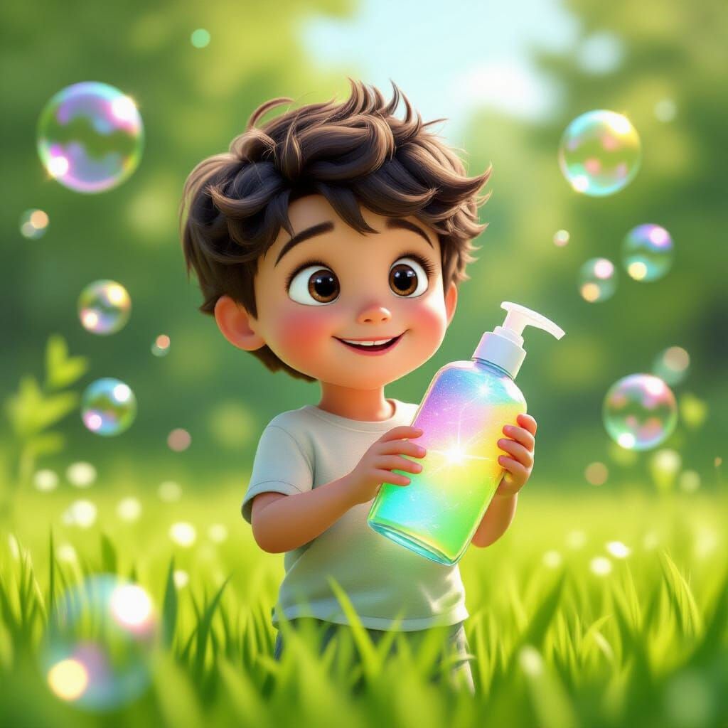 Adorable Boy With Shampoo Bottle in Bubble Field