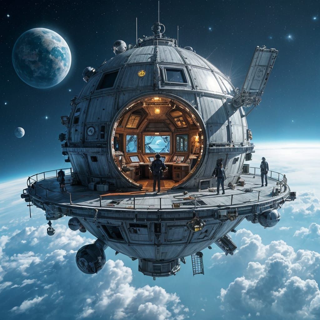 a villain's hideout made from space junk in orbit, with a command center inside a repurposed satellite dish