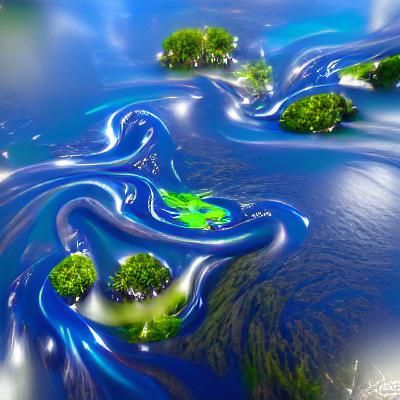 Liquid sapphire river flowing through floating lush islands ...