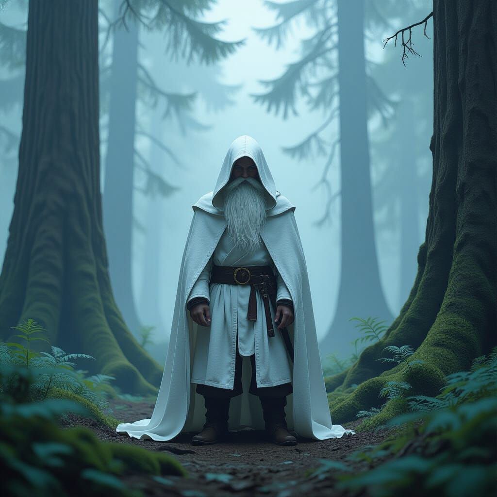 Ethereal Dwarf in Misty Forest Landscape