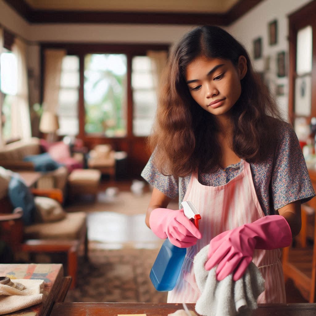 An young Polynesian domestic worker cleans the living room o...