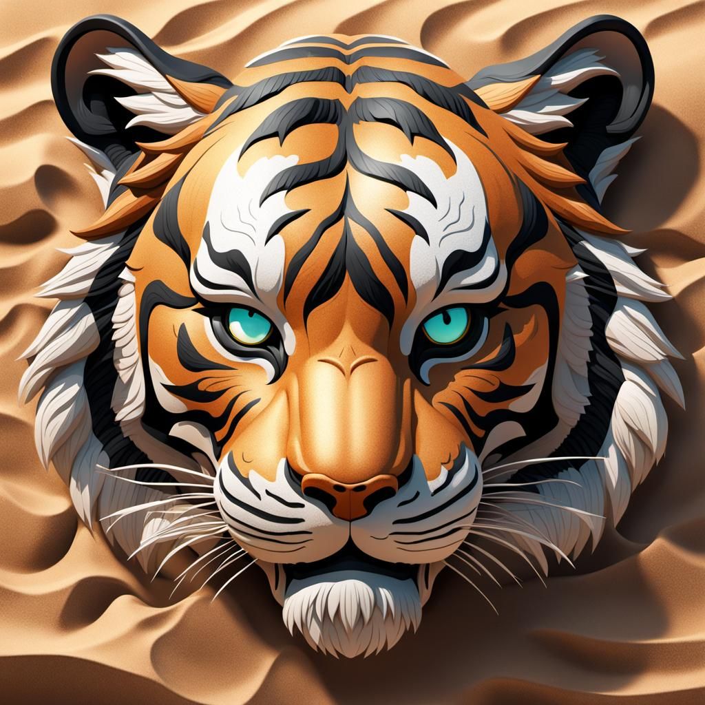 cartoon tiger head with no color made of sand