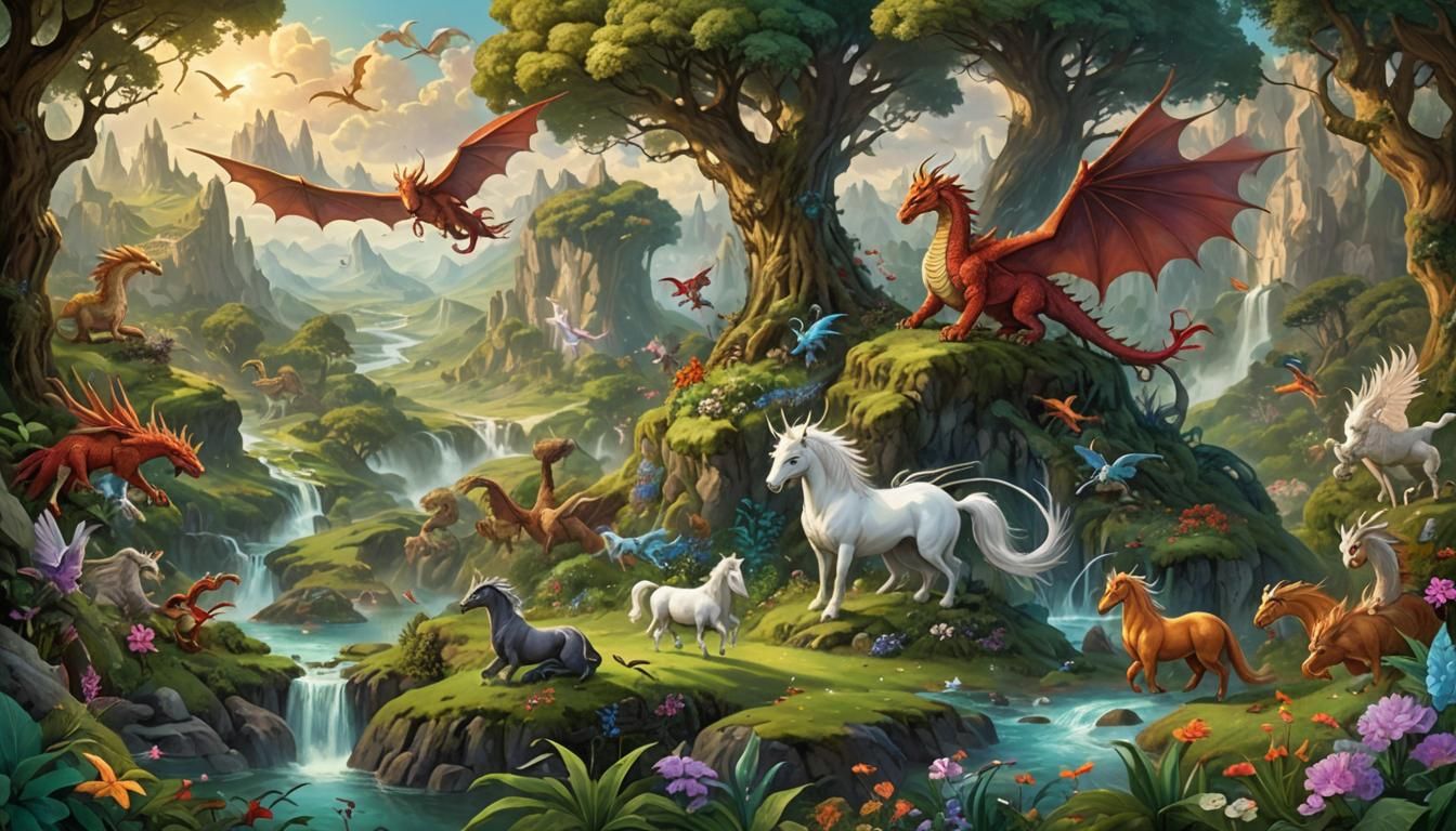 a digital painting of a mythical realm, depicting a variety ...