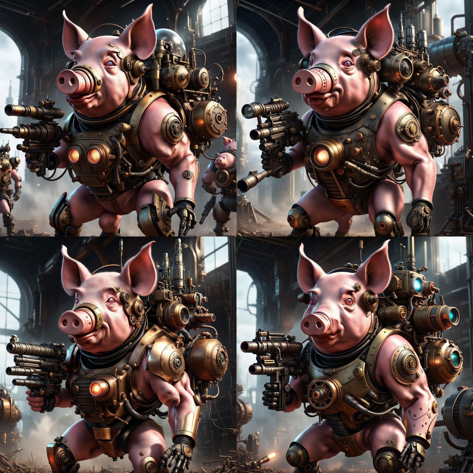 steampunk, cyborg pigs, lazer eyes, rocket packs, machine gu...