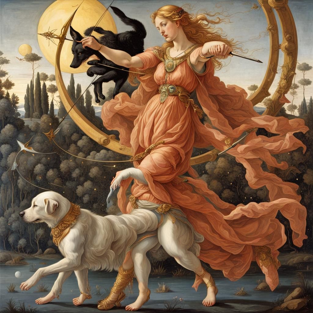 botticelli goddes Artemis is walking on the sky holding a moon and a golden bow and arrow  with  her ...  by @Arev