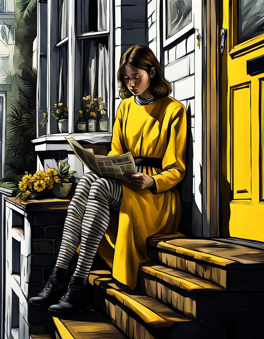 Girl wearing black and white horizontally striped tights reading the news on her doorstep  by @Fokje