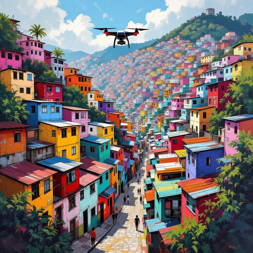  A drone shot flying through the favelas, showing the dense, colorful houses stacked on top of each other on the steep hillsides, a unique u...