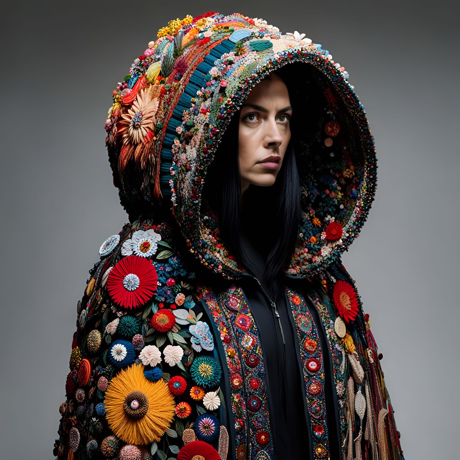 Hooded Mantle with Hand Embroidered Patches - AI Generated Artwork ...