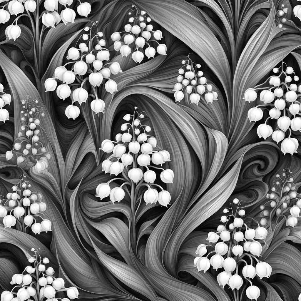 psychedelic fantasy lily of the valley flowers in grayscale - AI ...