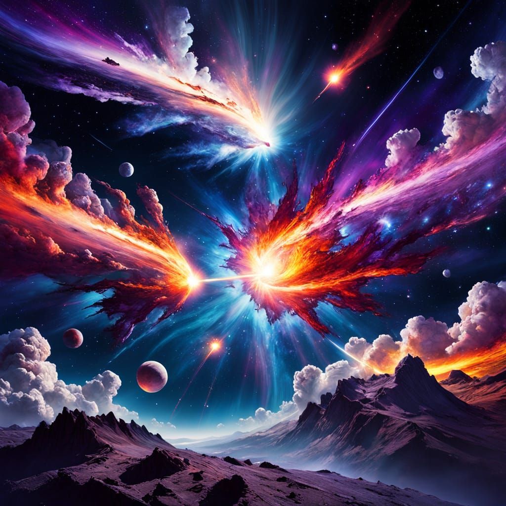 Cosmic Surrealism: Vibrant Oil Painting of Comet Collision