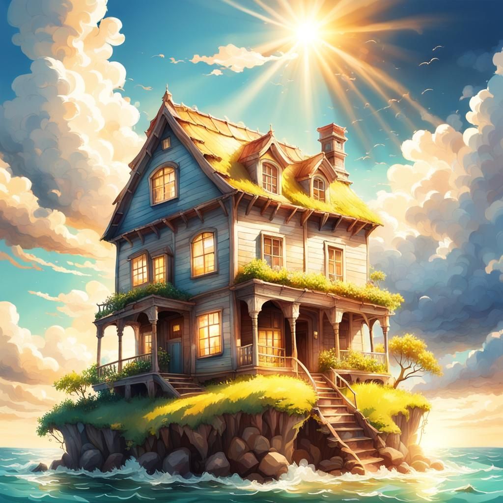 A multi-storey rickety old house on a tiny island in the mid...
