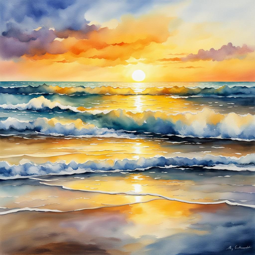 (a beautiful beach in early morning:1.4), glowing golden sun...