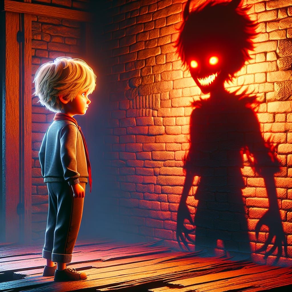 a cute little blond boy, he is standing up against a brick w...