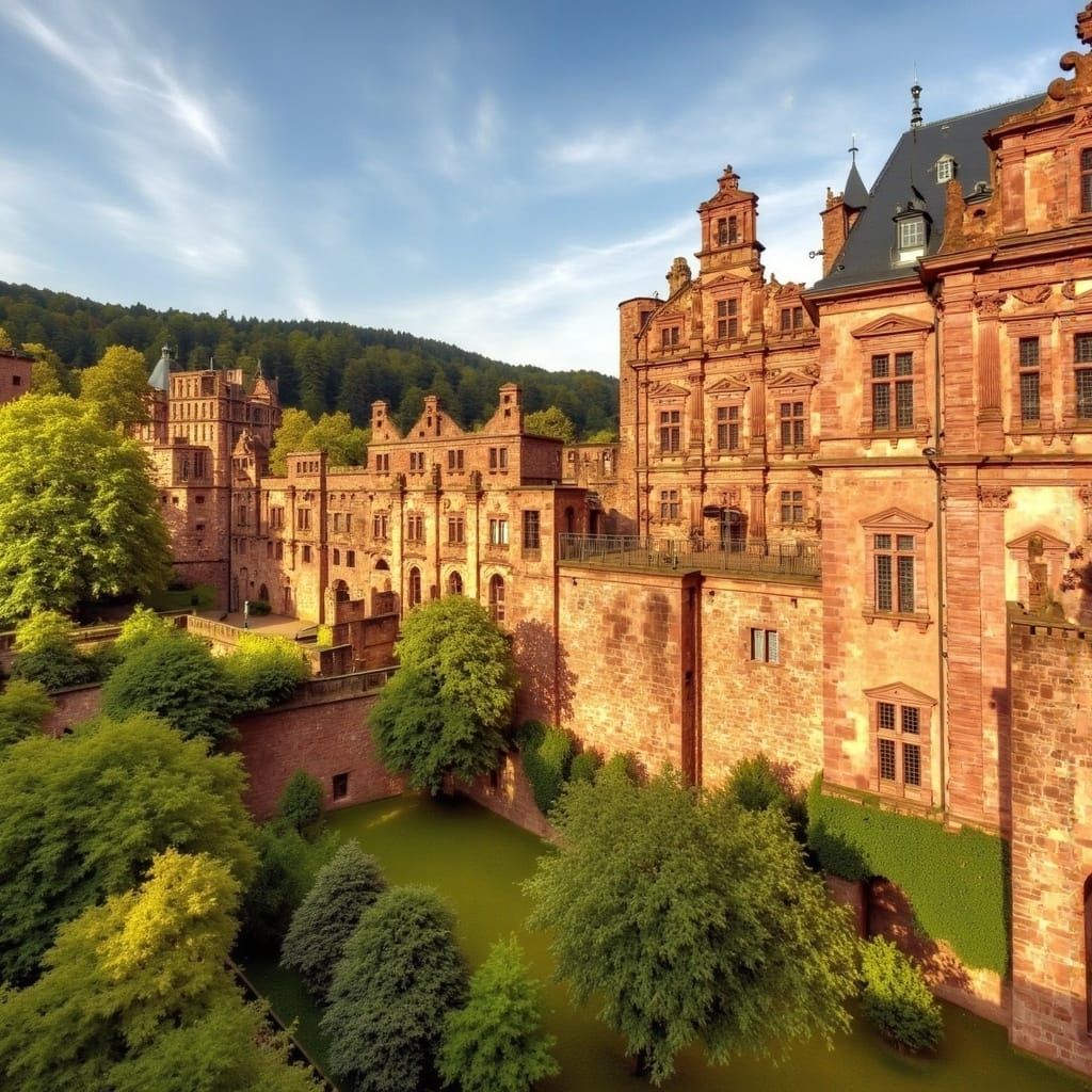 <lora:Heidelberg Castle:1.5> Heidelberg Castle in summer, from the bird's perspective, dynamic lighting 8k resolution hyperrealism 