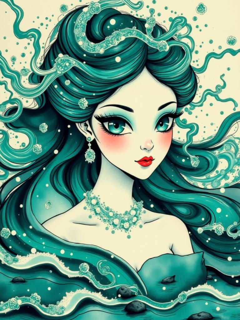 <lora:Geisha:1.0> A surreal portrait of a woman with distorted, asymmetrical facial features, oversized turquoise eyes that shimmer like oce...