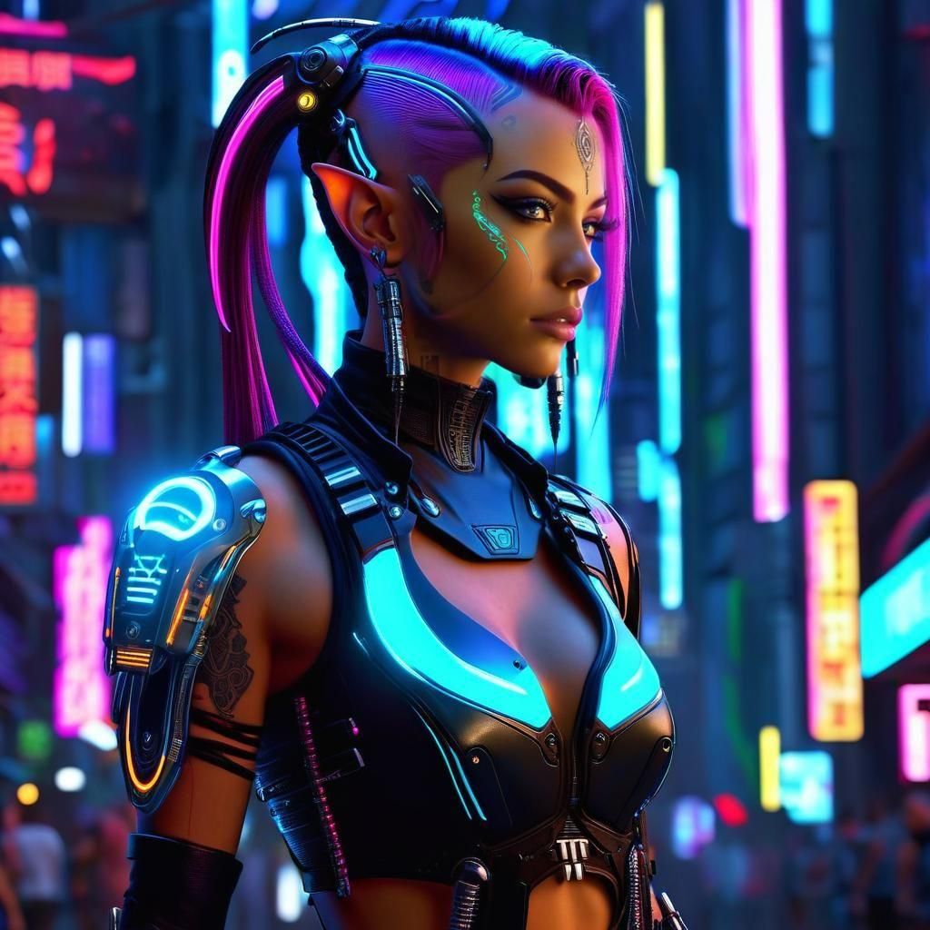 Biopunk Elf in the Neon City  by @Hawk
