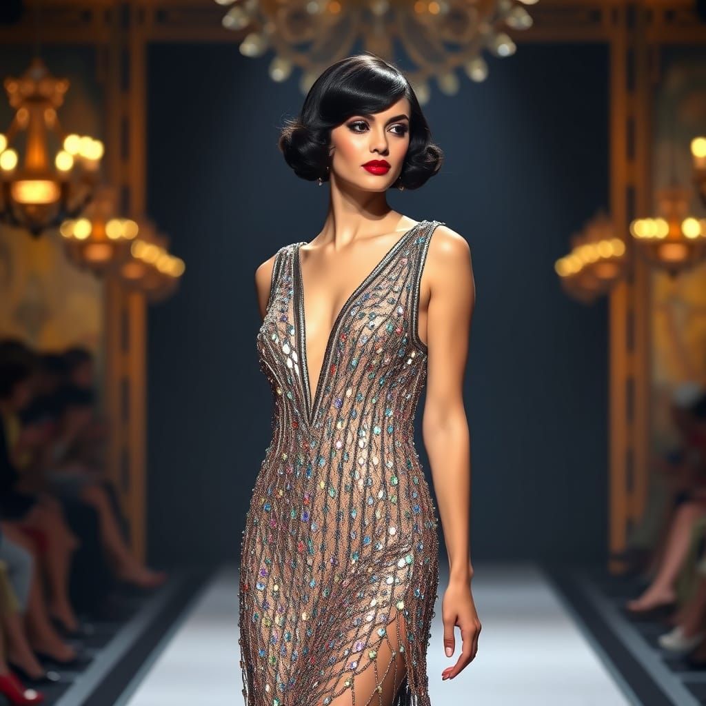 1920's Art deco flapper dress, iridescent beadwork, young woman in their 20's, walking a runway, hair ...  by @Solfreedom