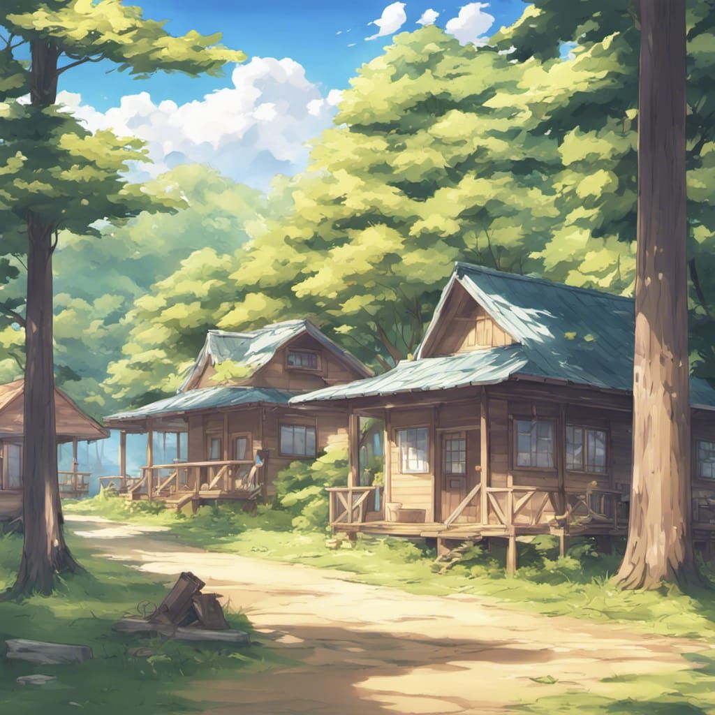 Visual novel summer camp cabins in the daytime background, n...