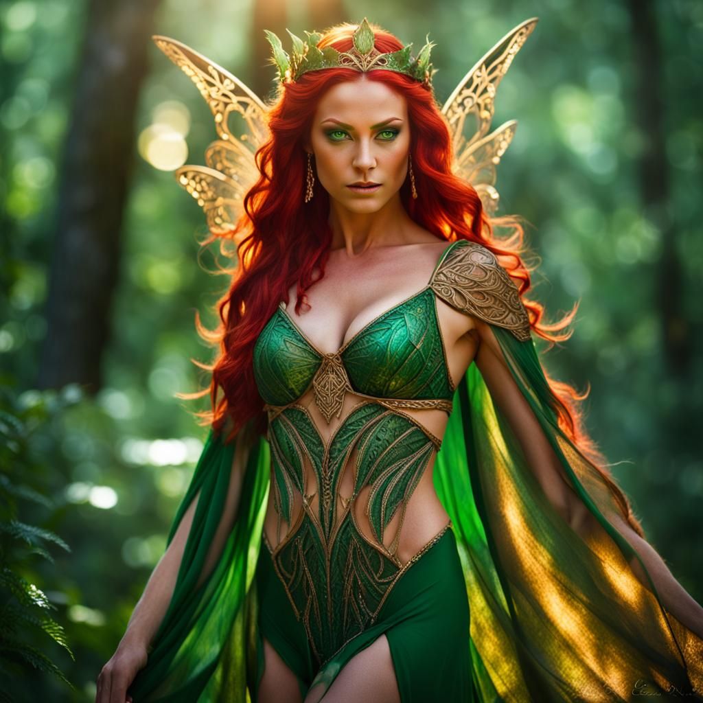 elf goddess, queen, fairy wings, bikini, red hair, fierce gr...