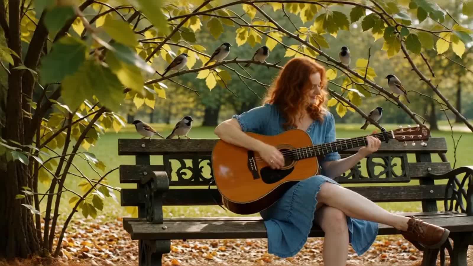 A red haired woman sitting on a park bench playing guitar while birds sing along