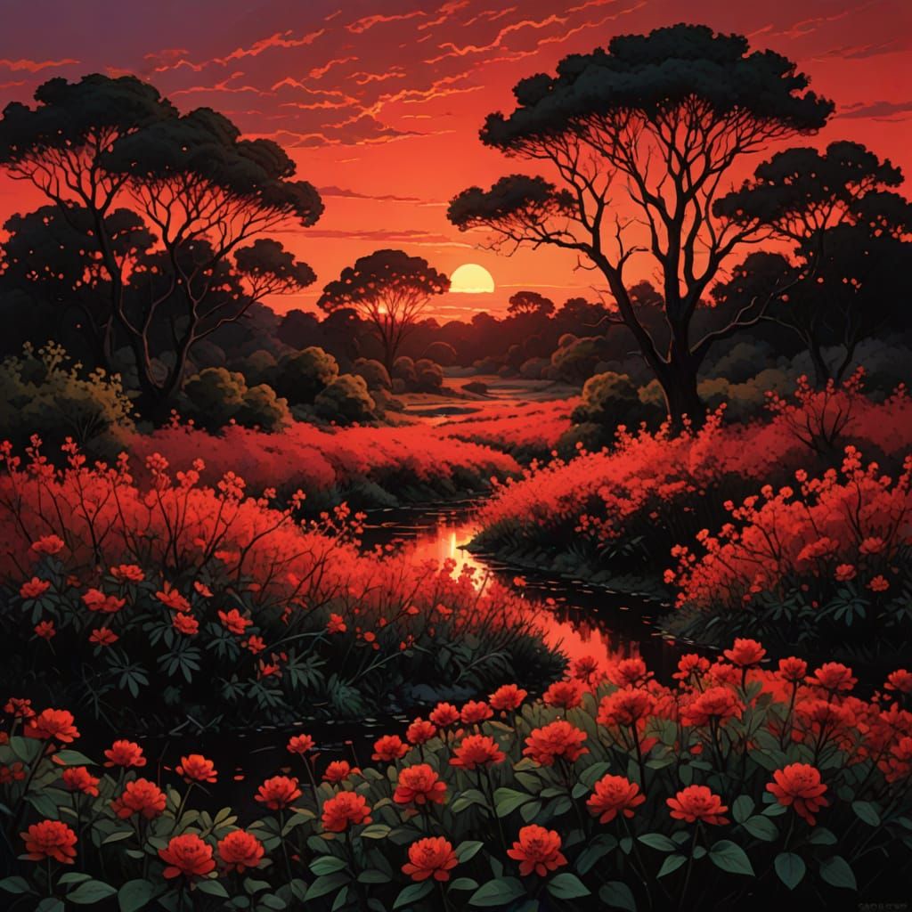 A landscape with flowers, shrubs, and trees drenched in intense red light from an intense sunset. 