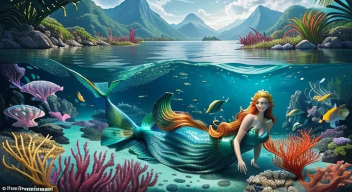 Close-up, Facing the Camera, Mermaid Goddess in Exquisite De...