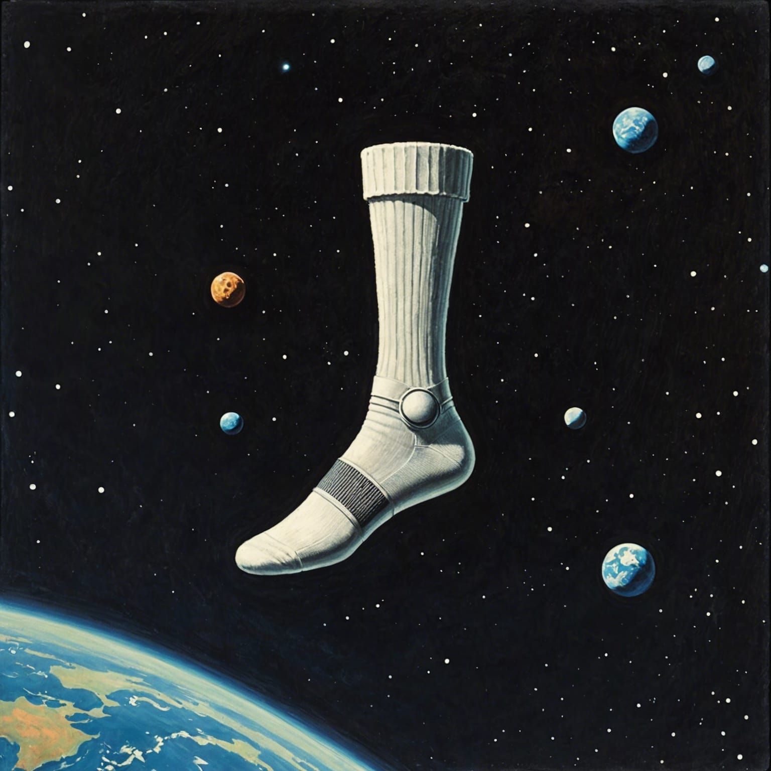 Single sock floating in space, 1960s science fiction pulp art style ...