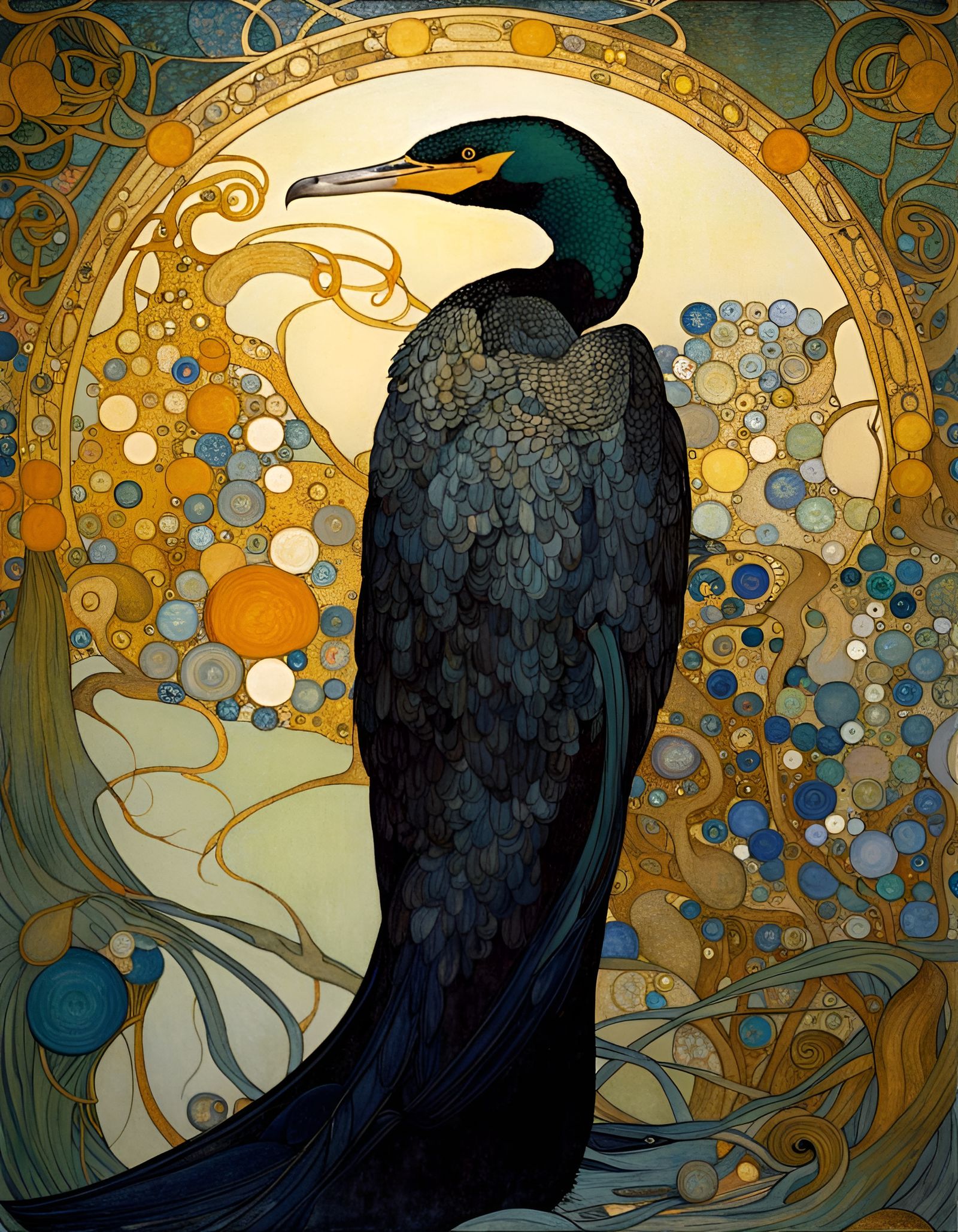 A cormorant painted by gustav Klimt and William morris, Greg Rutkowski