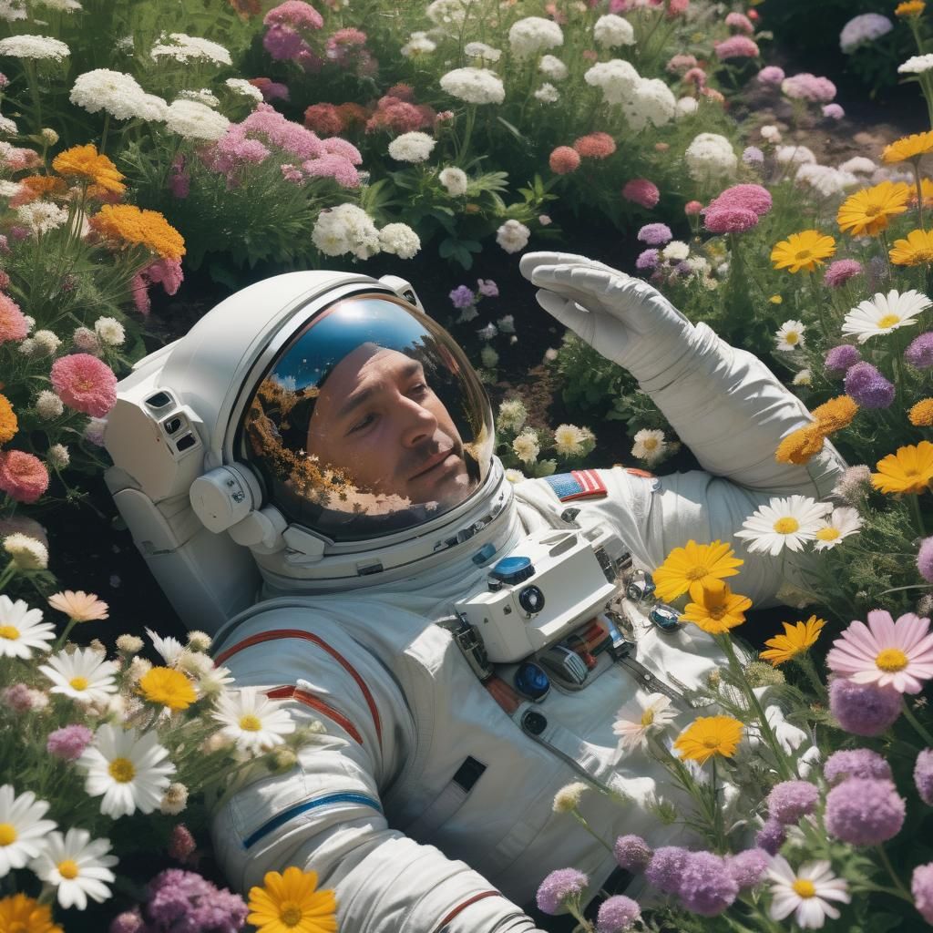 An astronaut lying in a garden of flowers. The universe is r...