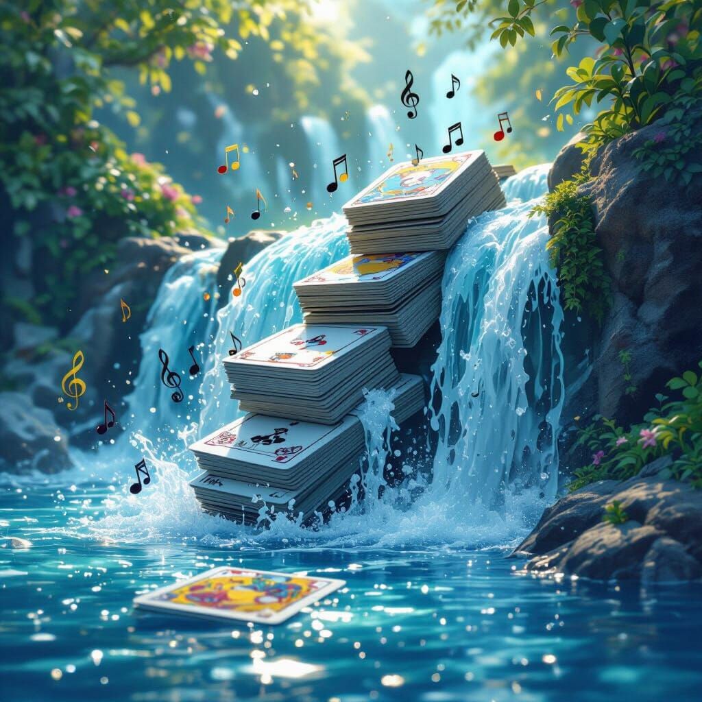 A tarot deck of cards flowing down like a waterfall with musical notes floating out of the cards detailed matte painting, deep color, fantas...