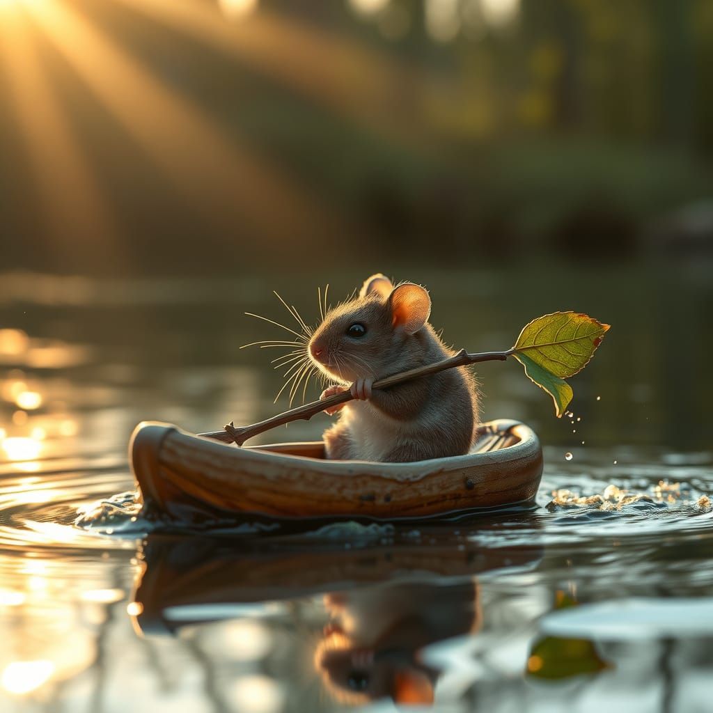A hyper realistic close up photo of a tiny very cute dormouse floating down the river in half a walnut ...  by @Paula Beale