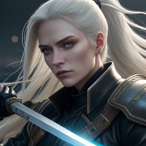 An action shot of a pale blonde female with long white hair ...