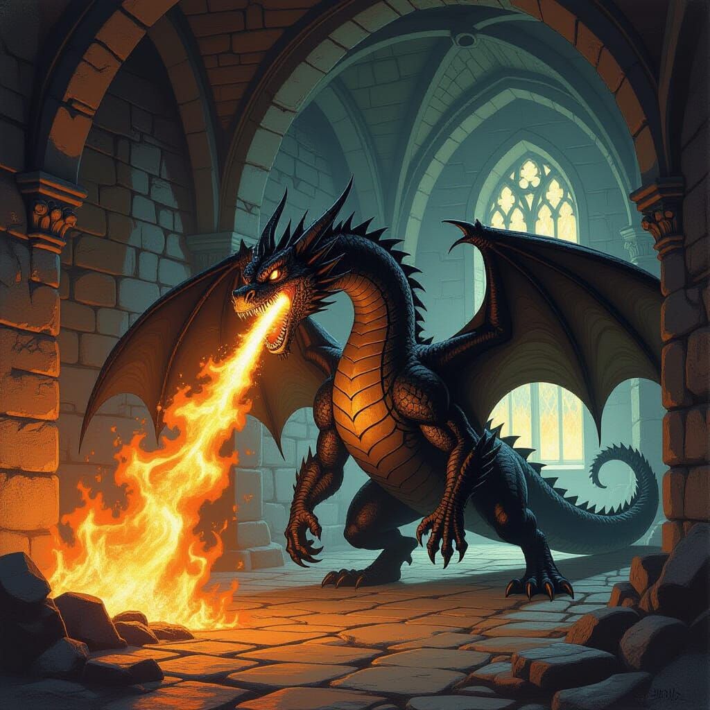 Black dragon spewing fire in a dungeon hall. art by james gurney and larry elmore