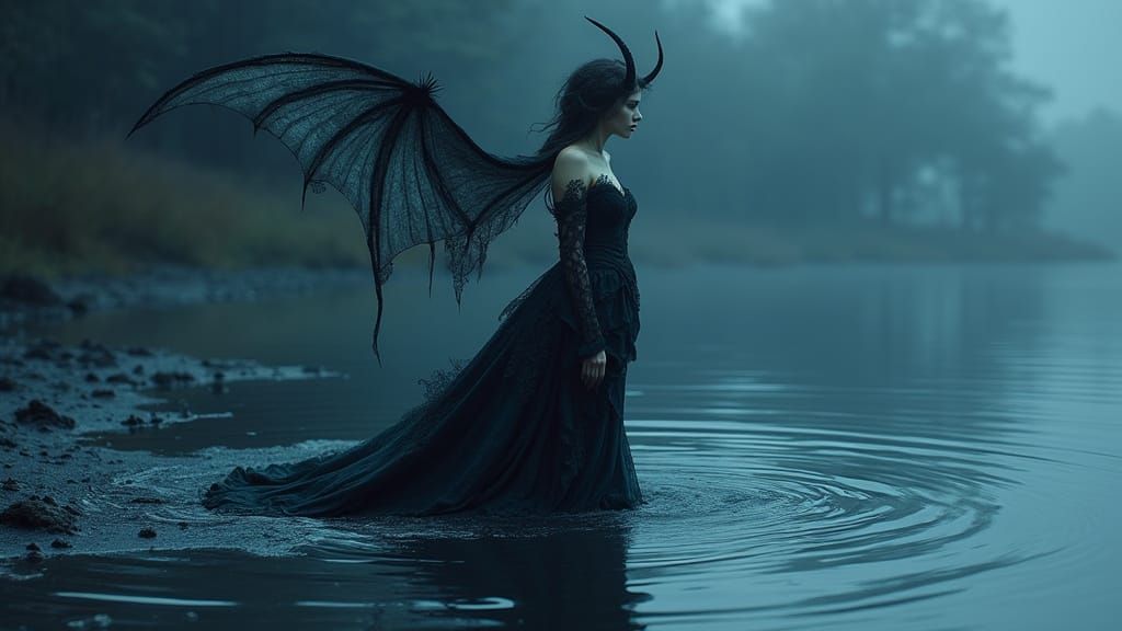 Mystical Siren at the Edge of the Underworld in Cyanotype Hu...