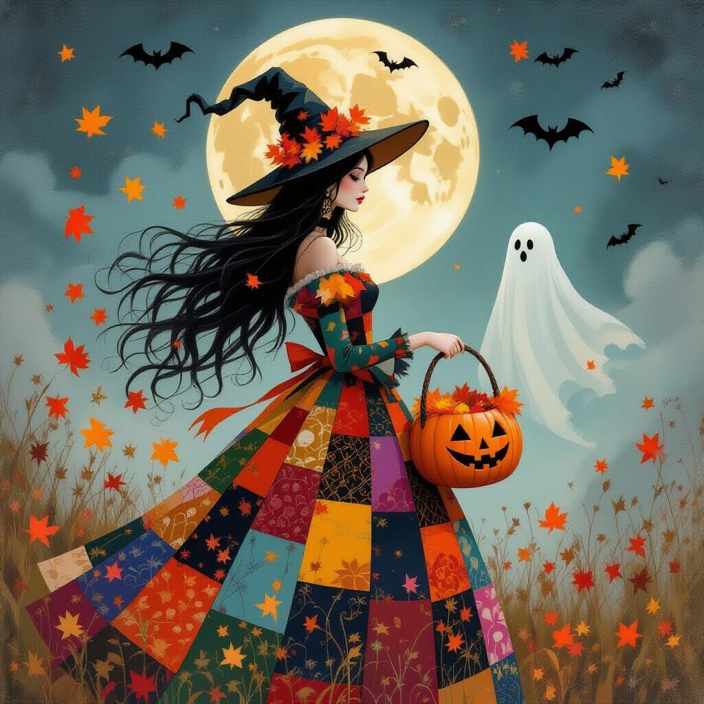Image 3 has a watercolor-like style, with a witch at the center wearing a dress made of colorful fabric patches. Her hair is long and black,...