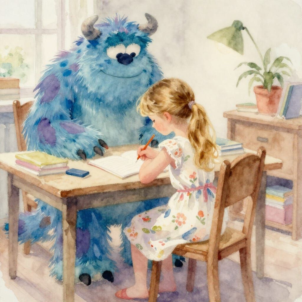 Girl and Blue Monster Doing Homework in Watercolor Style