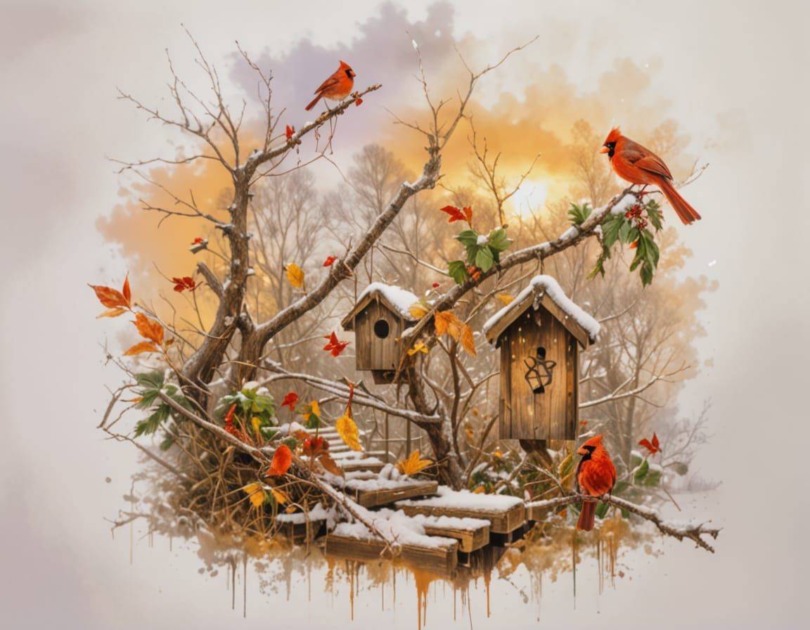 Colorful Cardinals with bird houses