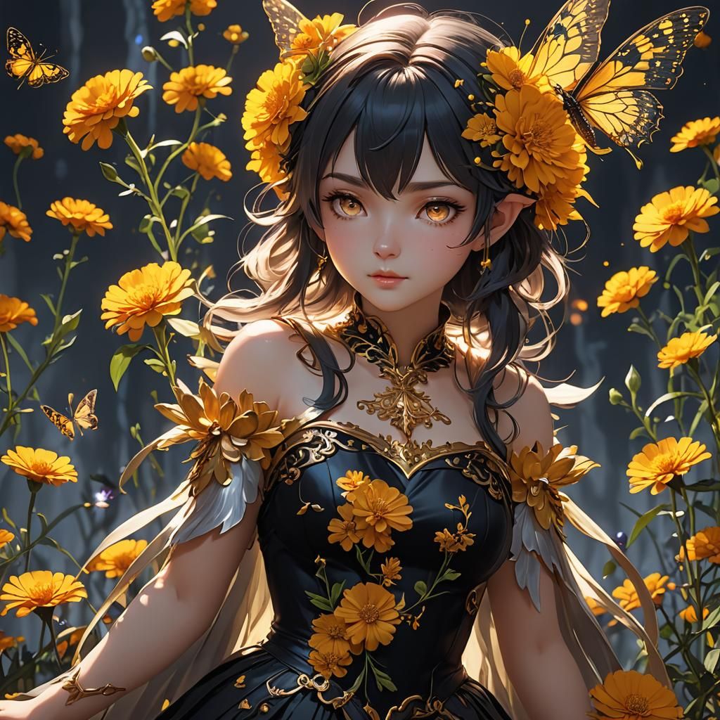 A marigold flower Faerie who is half shadow, half light symb...