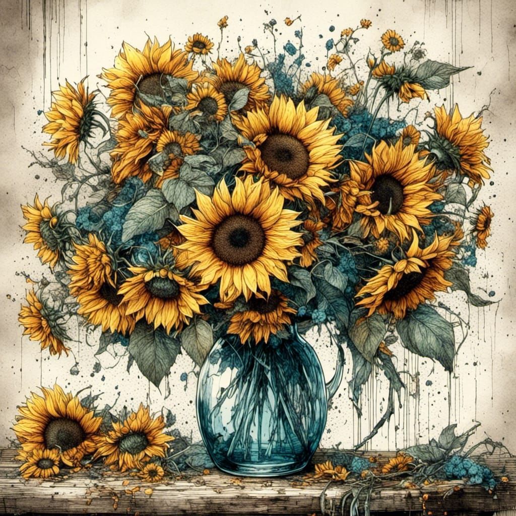 <lora:HRH-moody-ink:1.0> Coloured ink. Bunch of sunflowers in a glass vase. beautiful mesmerising. Hyper detailed