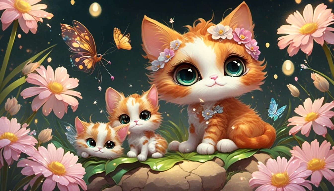 <lora:Pearls and nacre 2:1.0>  Cute fluffy Chibi Cats big ey...