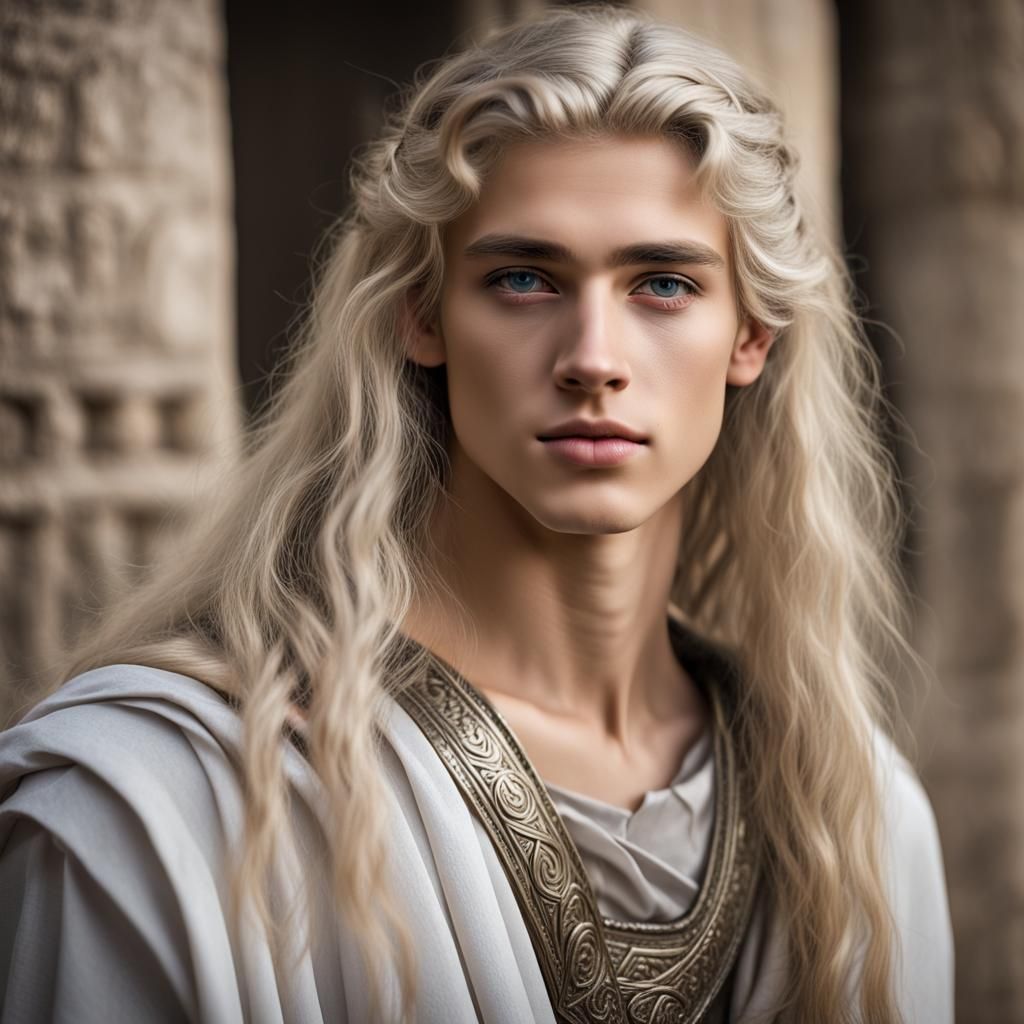 An 18-year-old woman-looking ancient Greek beautiful young man with silver blond long hair