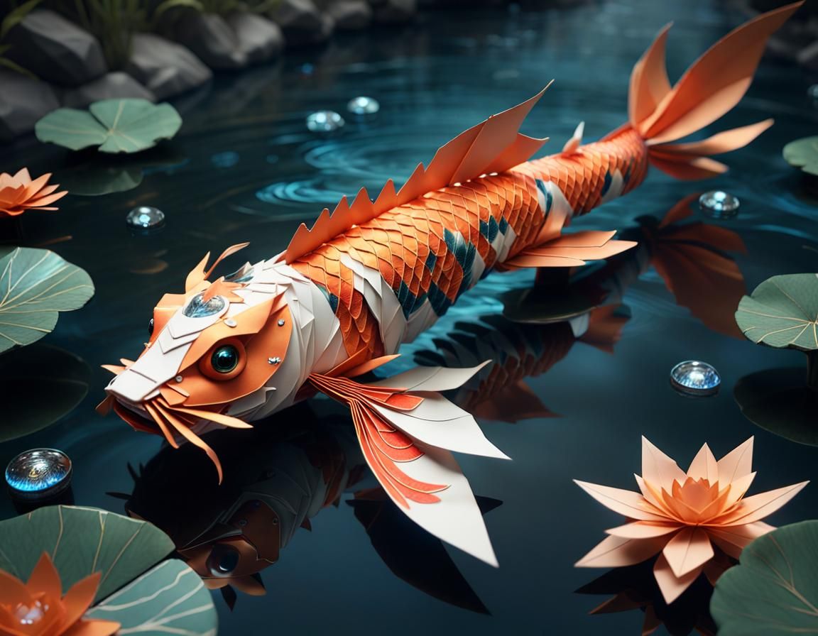 a koi dragon fish swimming in a river, with glass eyes, long lashes, fantasy art, digital art, unreal ...  by @Kindly Offer